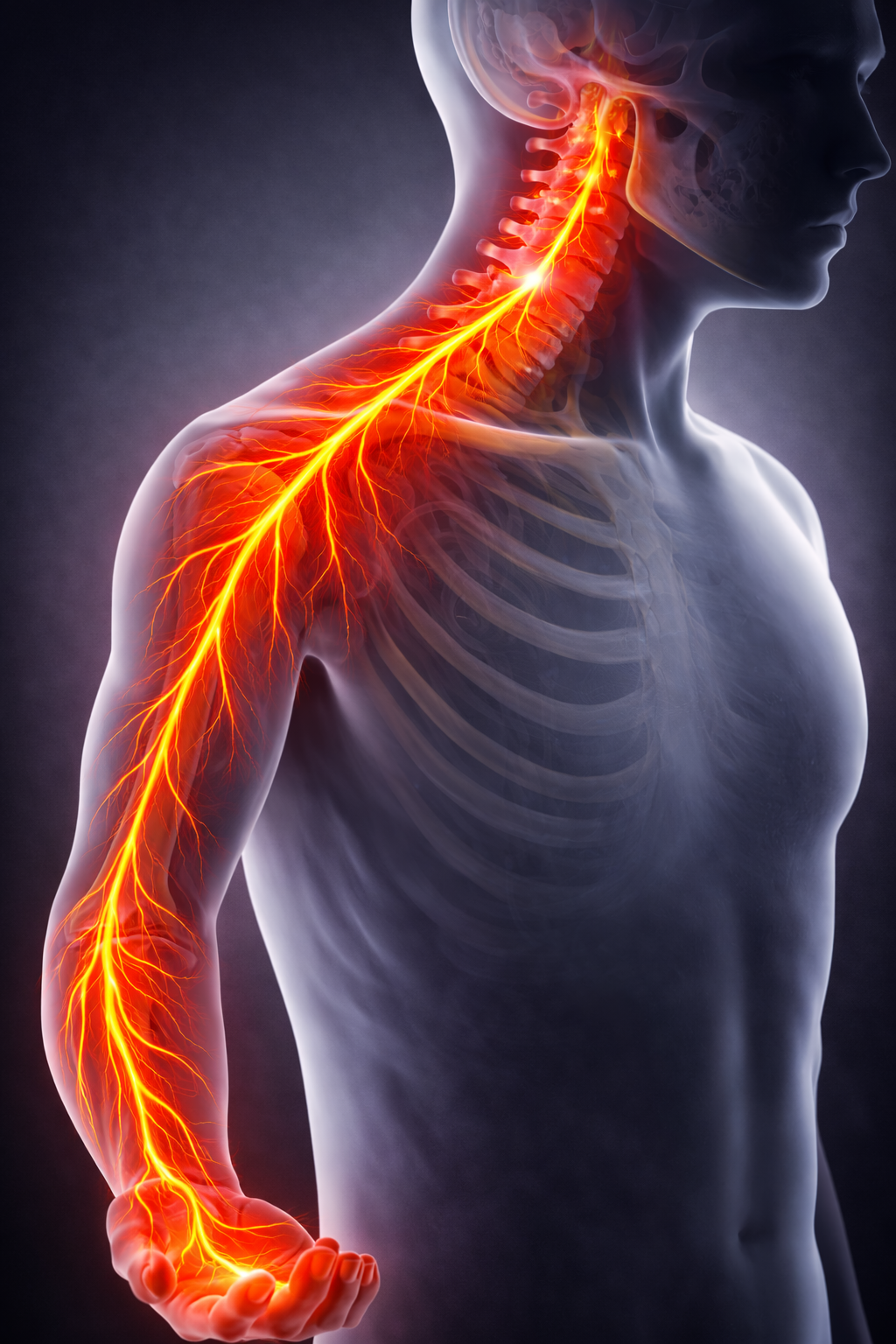Cervical nerve irritation causing pain that radiates from the neck through the arm and into the hand