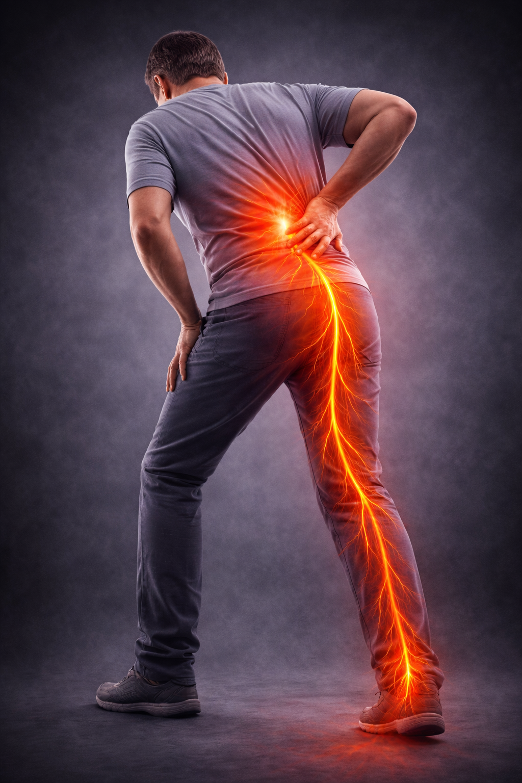 Man with sciatic nerve pain shown as glowing inflammation from the low back through the leg.