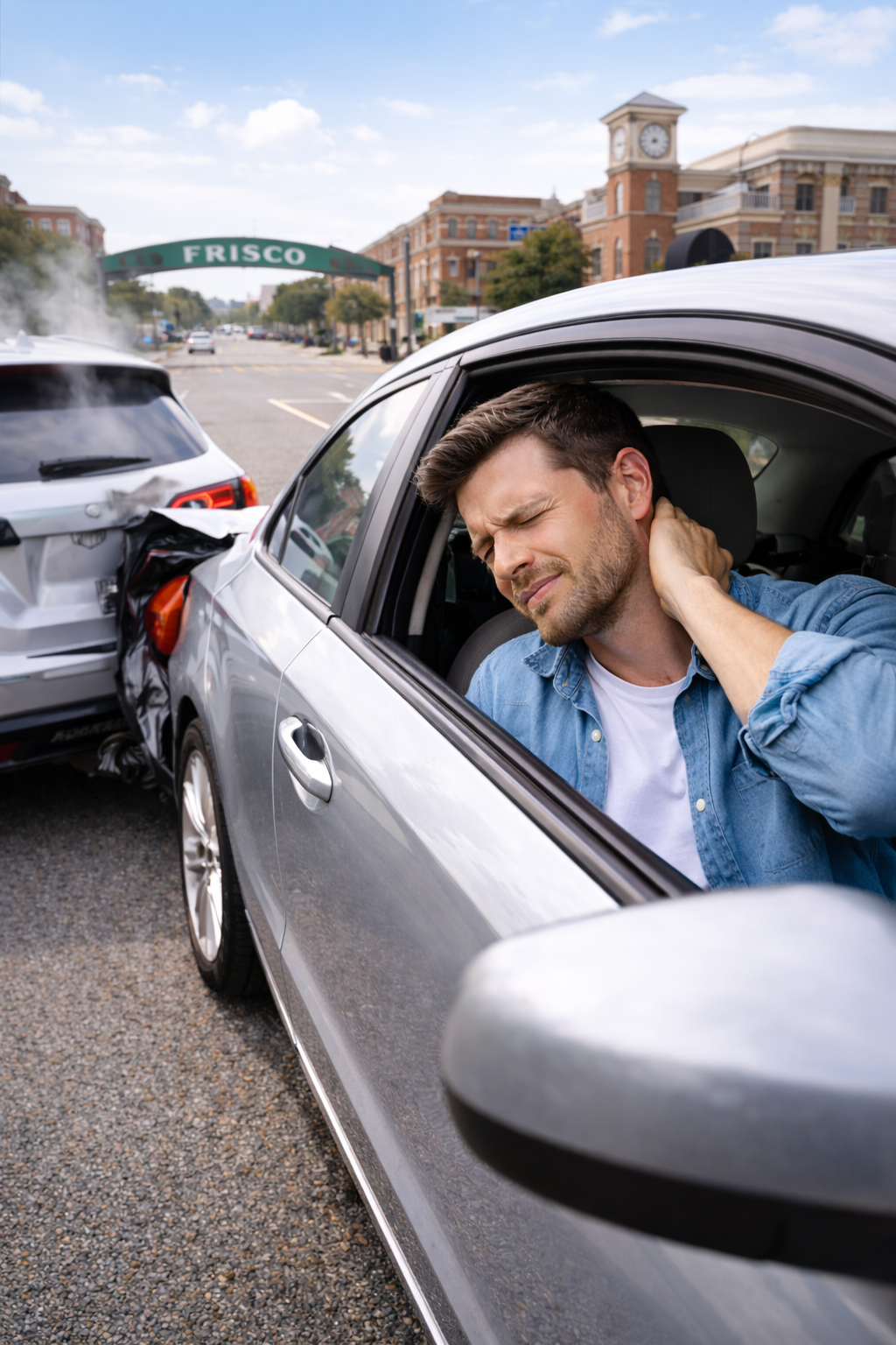 Driver rubbing his neck after a rear end car accident in Frisco, Texas, illustrating neck pain and whiplash type strain