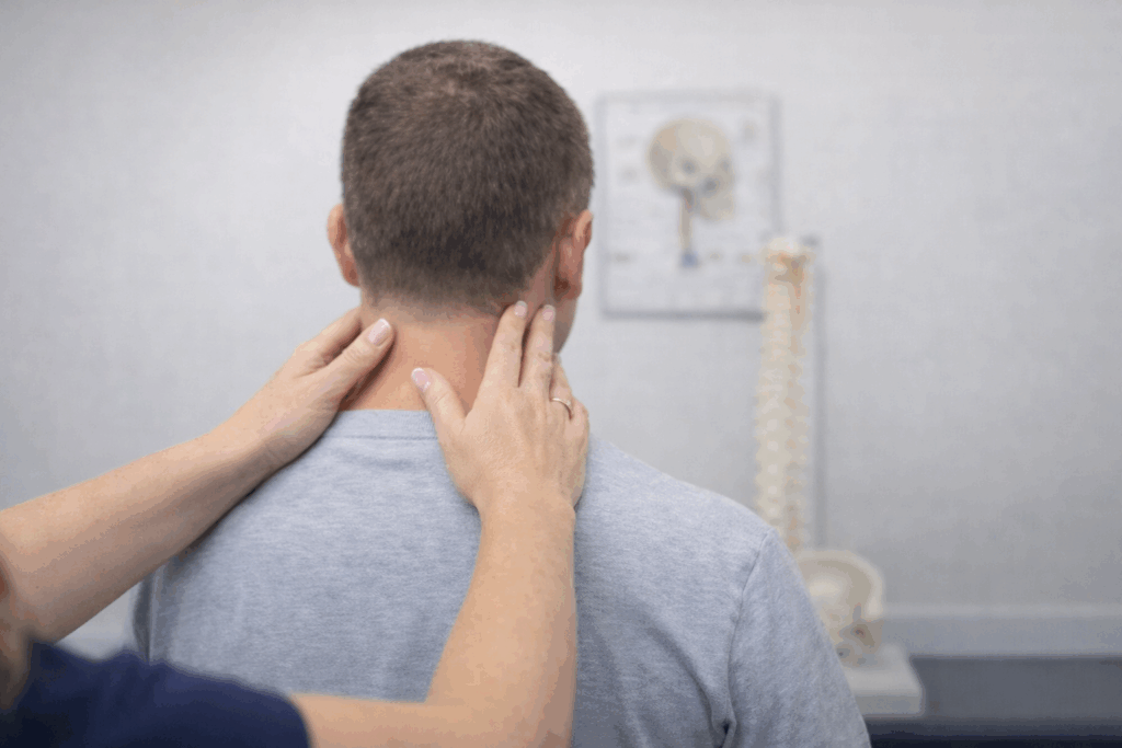 Dr. Shelton gently assessing a patient&rsquo;s neck and upper cervical spine during a clinical evaluation in a chiropractic office