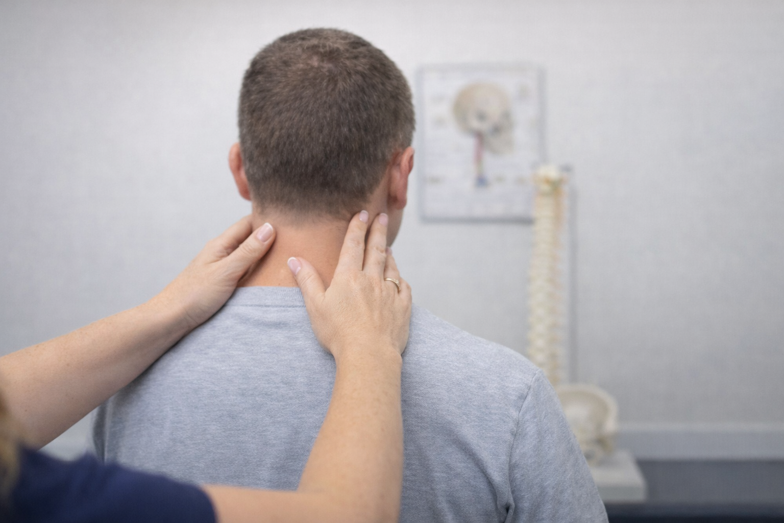 Dr. Shelton gently assessing a patient&rsquo;s neck and upper cervical spine during a clinical evaluation in a chiropractic office