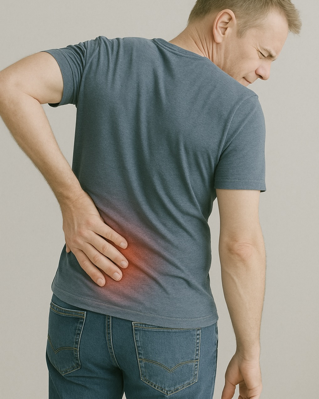 Man experiencing lower back pain, representing common back pain patterns like sciatica treated with chiropractic care in Plano and Frisco TX