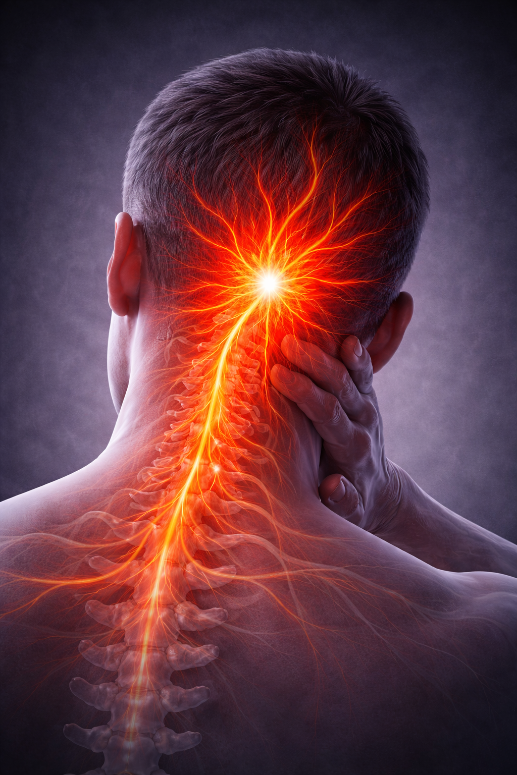 Illustration showing cervical spine inflammation with nerve irritation radiating from the neck into the back of the head, commonly associated with cervicogenic headache and upper cervical dysfunction