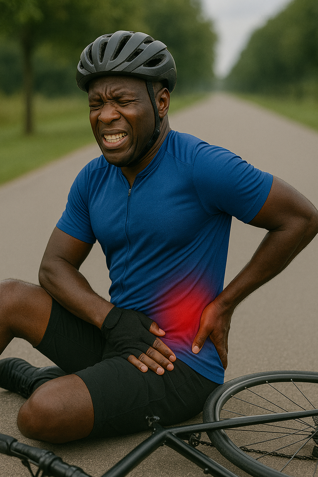 Cyclist sitting on the road holding his lower back in pain, showing acute lumbar discomfort after a crash. 