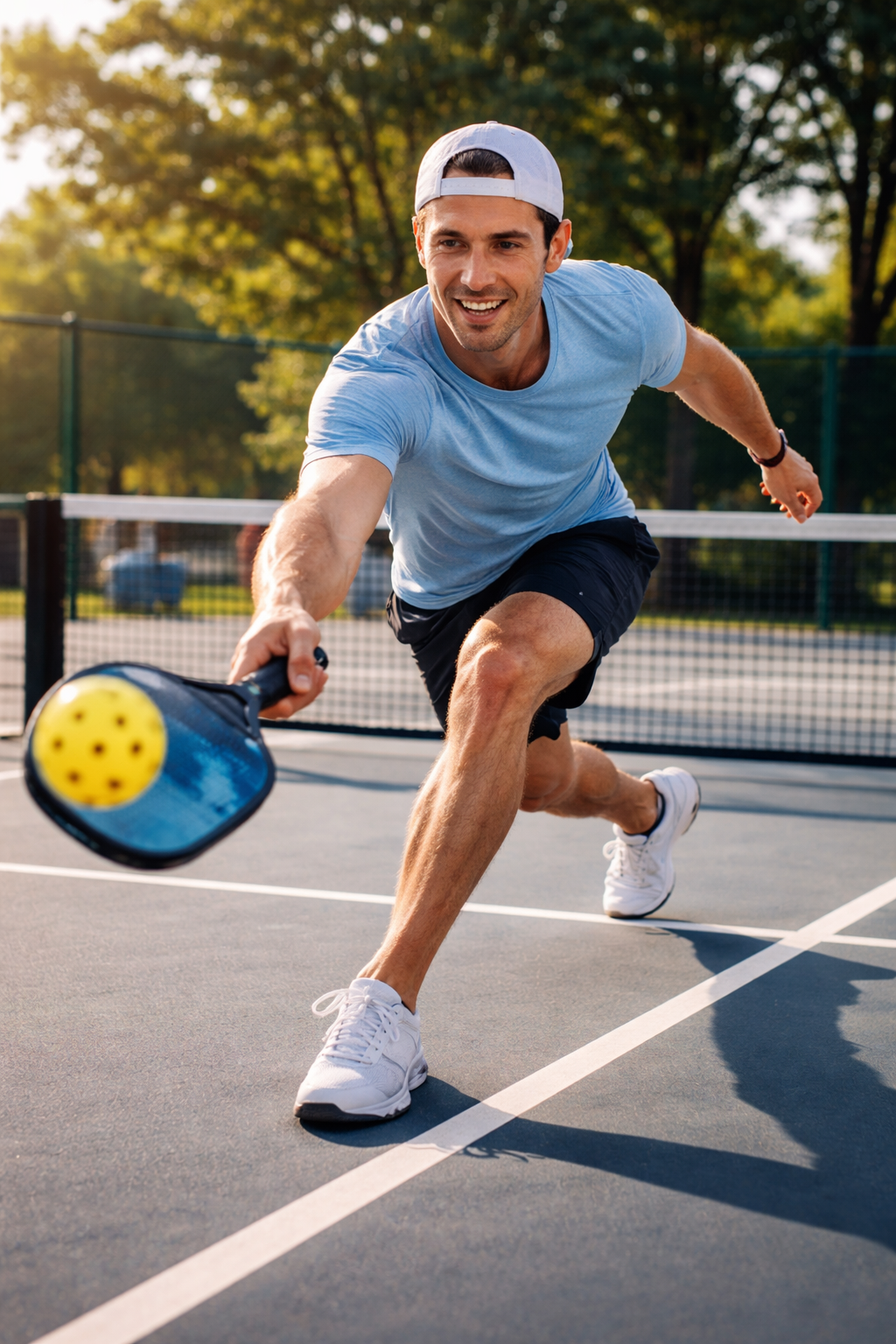 Pickleball player lunging forward on an outdoor court, illustrating wrist, elbow, and shoulder strain commonly treated with chiropractic care in the Plano Frisco area