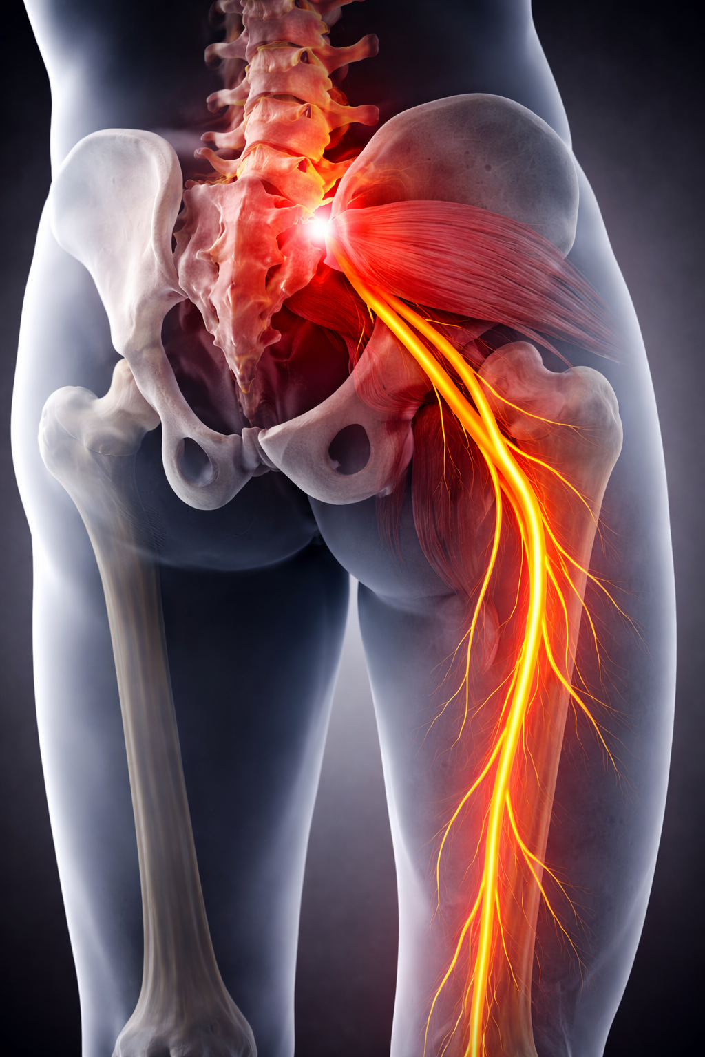 Illustration showing sacroiliac joint inflammation with radiating pain from the low back through the hip and down the leg, commonly associated with SI joint dysfunction and sciatica