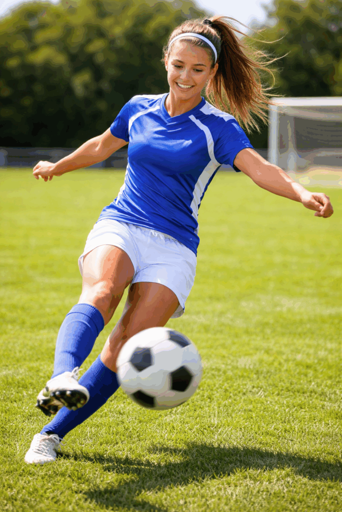 Female soccer player kicking a ball on a grass field, representing sports performance and injury prevention supported by chiropractic care