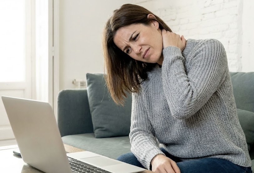Woman holding her neck in pain while working on a laptop at home