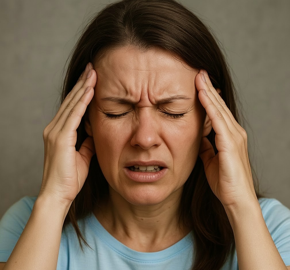 Woman experiencing headache pain, holding both sides of her head, common symptoms of tension headache or migraine