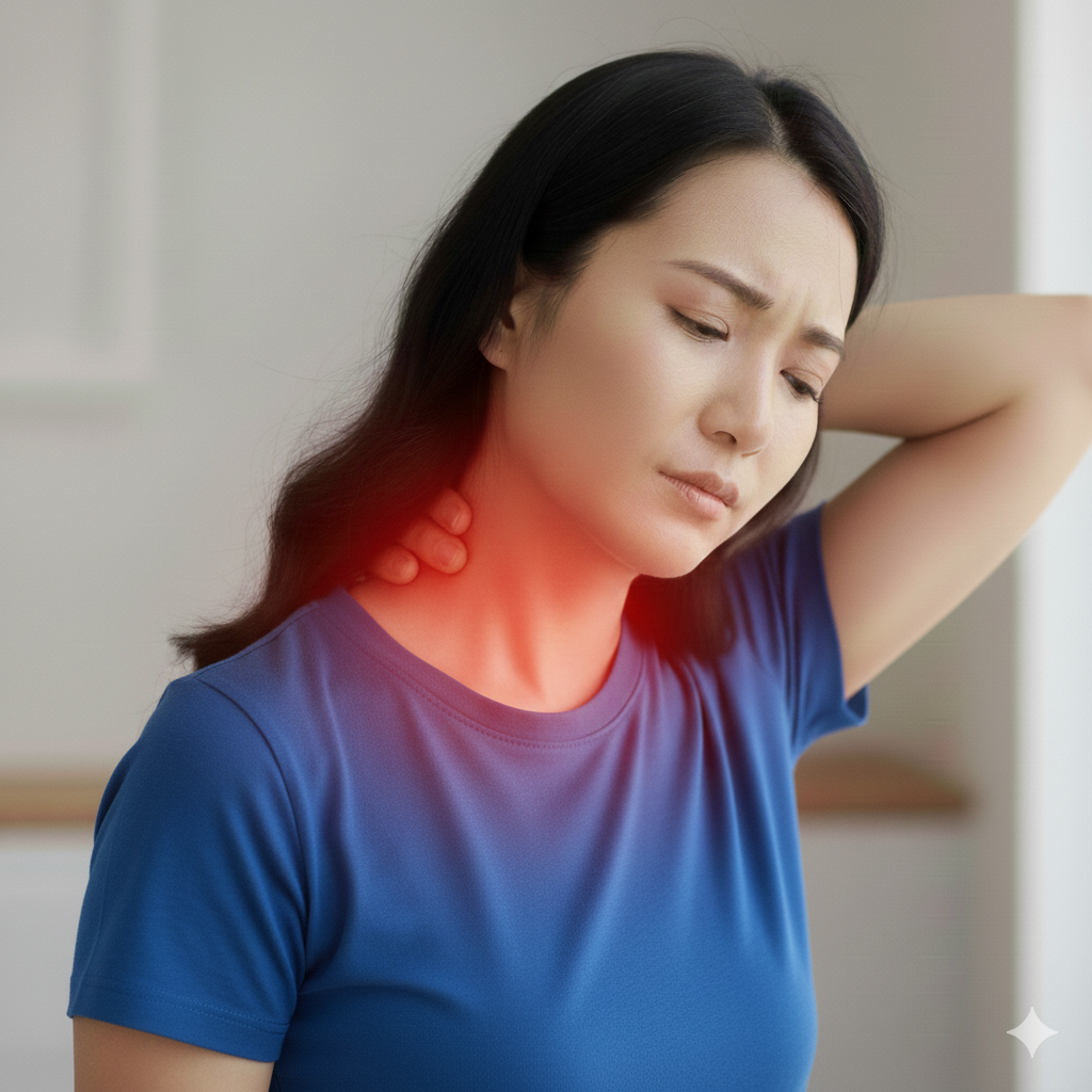 Woman experiencing neck pain and stiffness from muscle tension, holding the side of her neck, common symptoms treated by chiropractic care at Global Chiropractic Plano Frisco