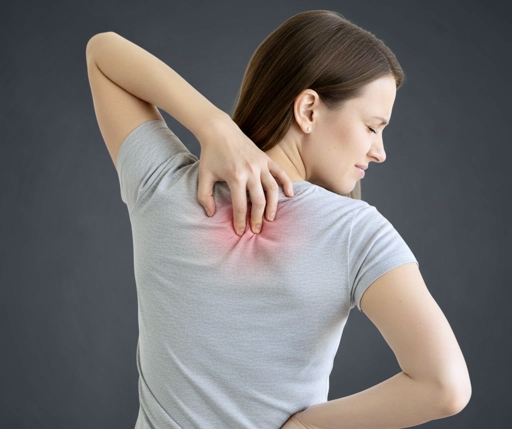 Woman experiencing upper back and shoulder pain, highlighting muscle tension and discomfort commonly treated with chiropractic care in Plano and Frisco TX.