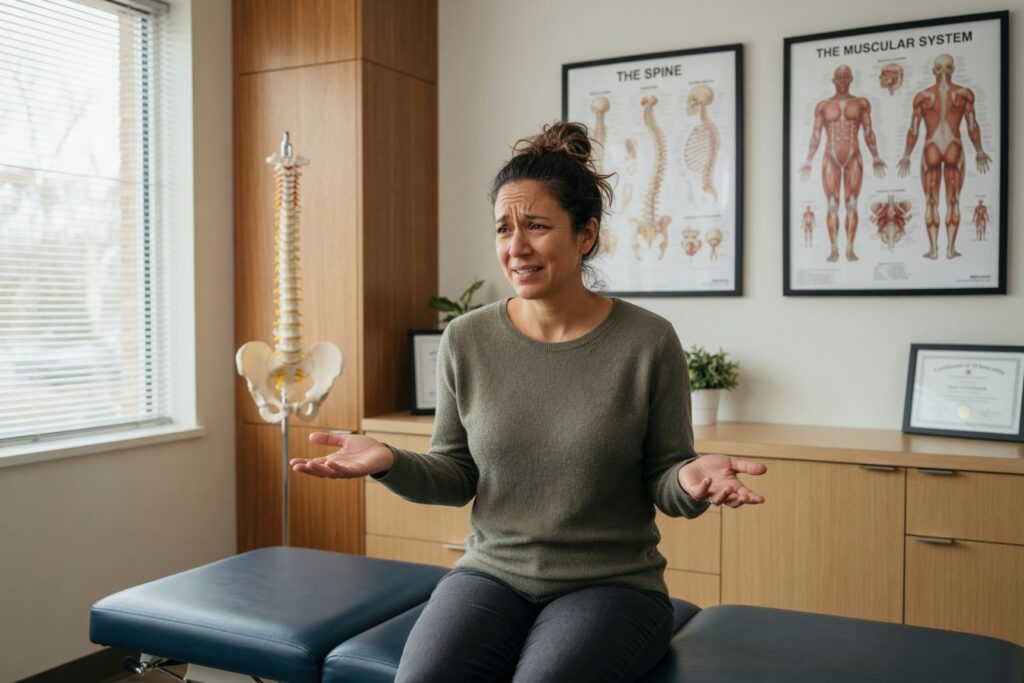 Concerned woman in chiropractic office.