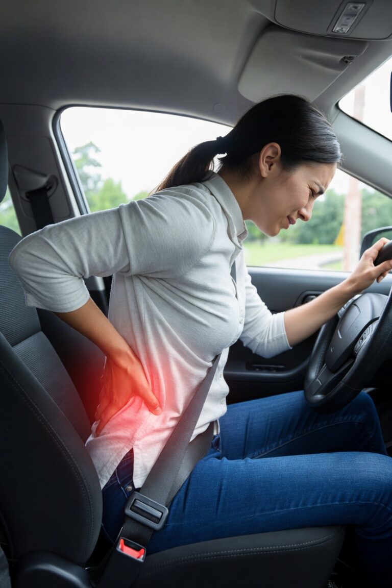 Woman sitting in a car holding her lower back in pain, representing low back pain, sciatica, and auto accident injury Chiropractic care in Plano and Frisco.